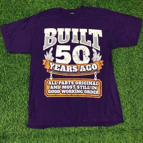 Purple ‘Built 50 Years Ago’ Graphic Quote Tee - Picture 1 of 3